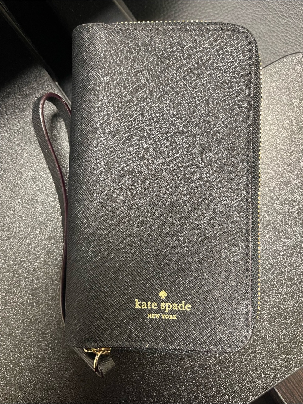kate spade Black Leather Zip-Around Wristlet Wallet with Gold Logo